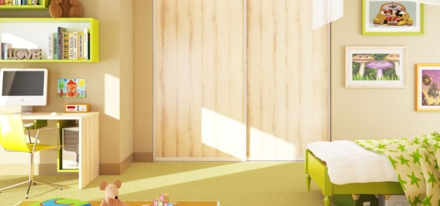 dětský pokoj s vestavěnou skříní v dekoru přírodního dřeva